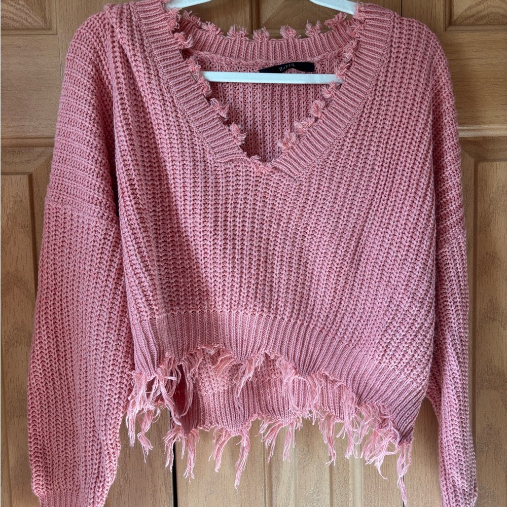 Pink Frayed V-Neck Sweater